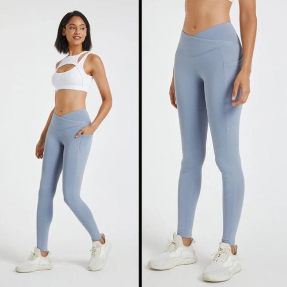 Light Blue Crossover Legging With Pockets - Crossover Waist - Pocket Leg… - Picture 2 of 10